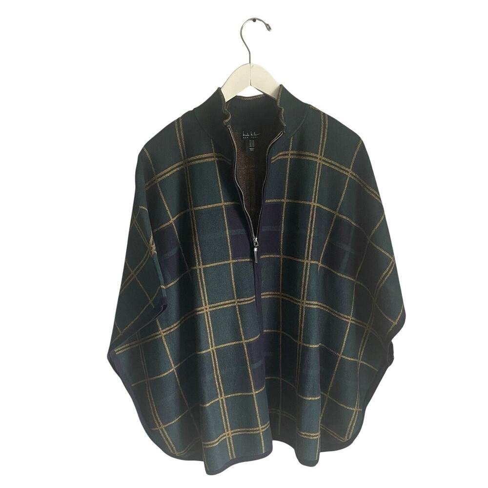 Nicole Miller Poncho Plaid Green Equestrian Academia Preppy Heritage size L/XL
